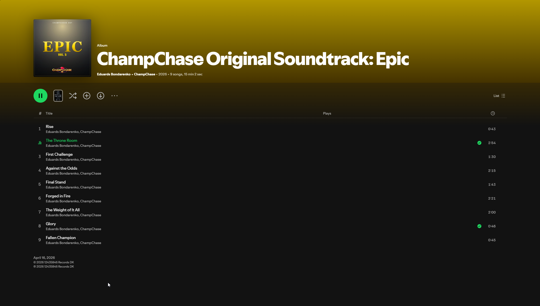 Epic. ChampChase soundtrack. Written as a Suno prompt four months ago by someone who didn't know what he was doing. Playing on Spotify today while Pass 168 landed.