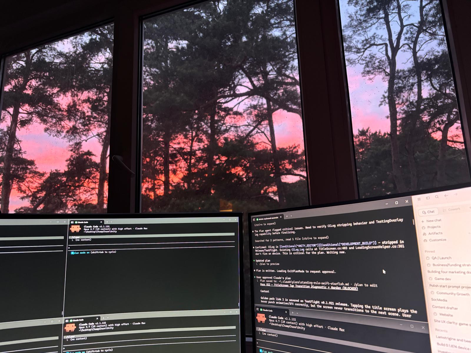 Evening. Pretty sunset out the window. Terminals running.