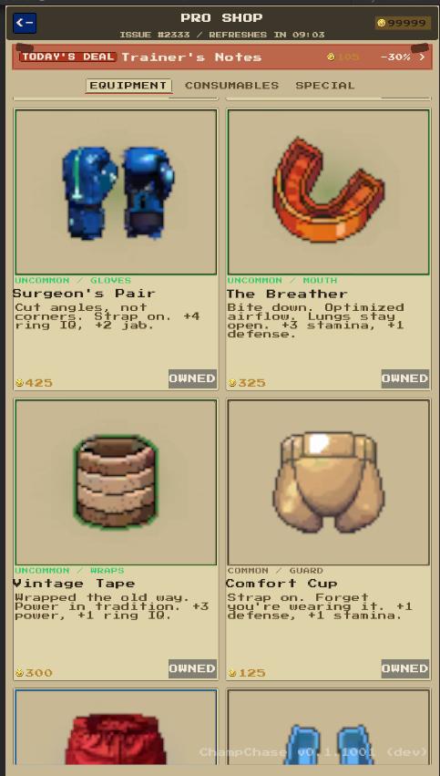 Shop. Equipment / Consumables / Special. Buy-state clean.