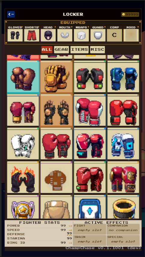 Inventory. Locker grid, item cells, stats ledger.