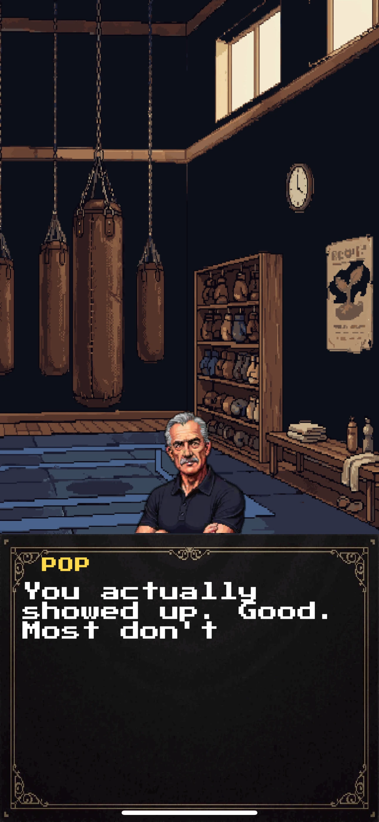 Story dialogue with Pop in his gym